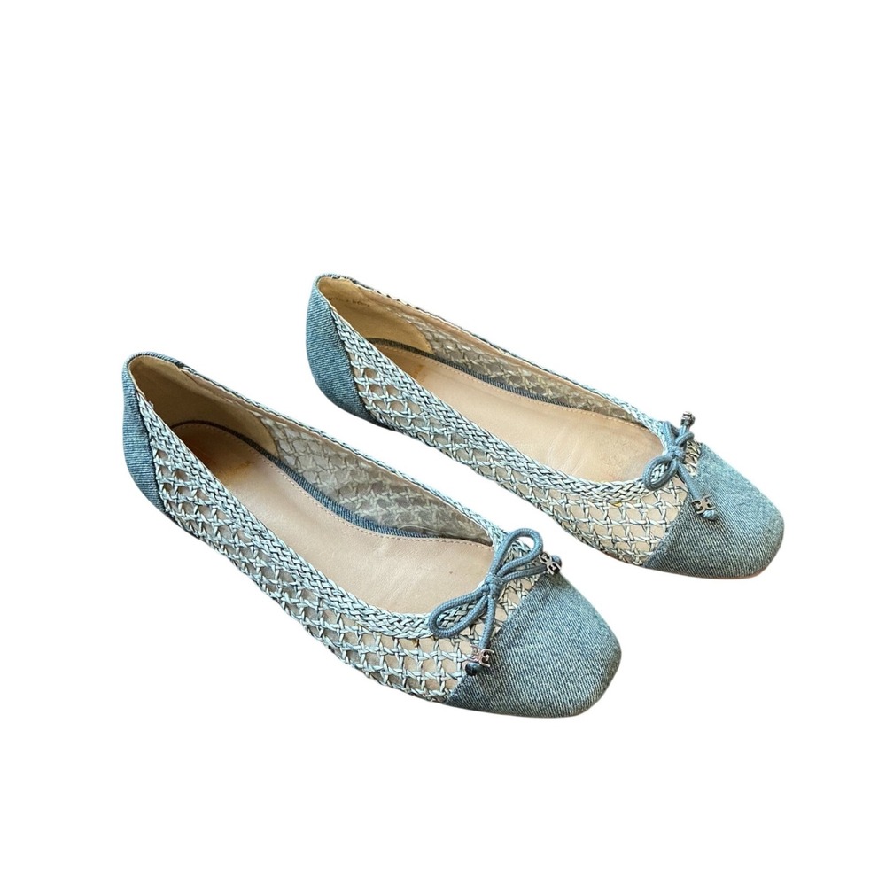 Sam Edelman Womens Denim Mesh Square Toe Ballet Flats Blue Woven Bow Size 6